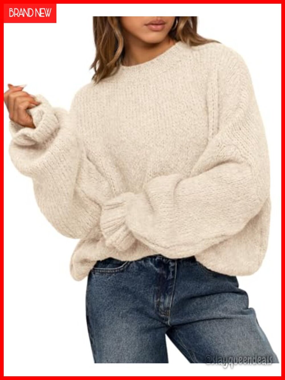 Oversized Chunky Knit Sweater Pullover Crew Neck Lantern Sleeve